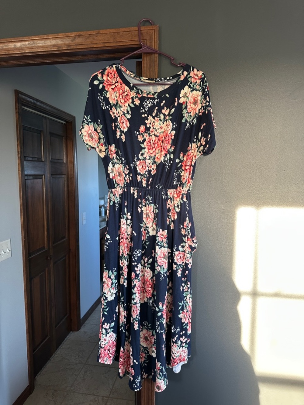 Floral Navy Midi Dress with Pink Blooms